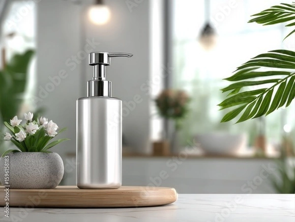Fototapeta Aesthetic bottle design for skincare products modern kitchen setting product photography bright environment close-up view minimalist concept
