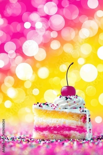 Fototapeta Cake slice with cherry on colorful bokeh background