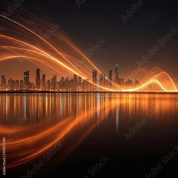 Fototapeta Dynamic Light Trails Flowing Over a Modern City Skyline Reflection at Night, Representing Global Connectivity, Data Transfer, and Speed

