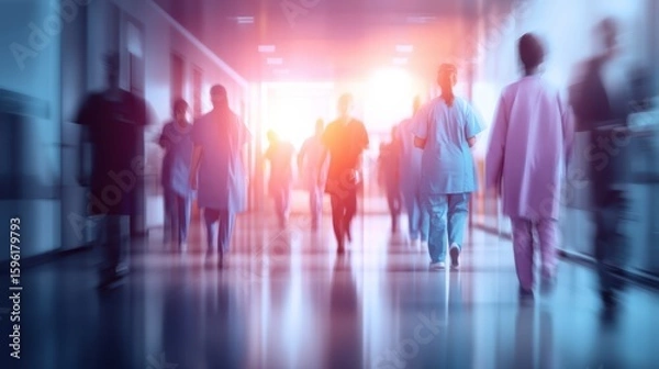 Obraz Medical professionals and staff walk through a brightly lit hospital corridor, creating a sense of urgency and activity