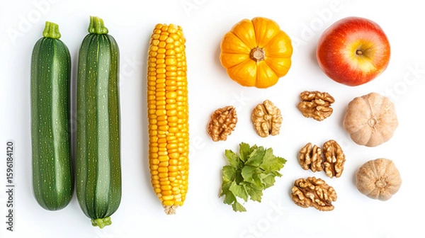 Fototapeta Fresh vegetables fruits nuts and herbs arranged on white background healthy eating concept