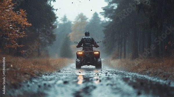 Fototapeta Extreme ATV quad biking in rainy forest during off-road adventure with dirt and water splashes. 