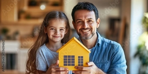 Fototapeta Happy family holding a paper model of a house with solar panels, highlighting the concept of alternative energy, resource conservation, and sustainable living, Generative AI