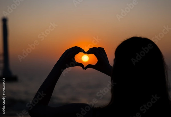 Fototapeta Silhouette of person holding hands in heart shape framing sun during sunset by the sea. Romantic sunset and love symbol concept for design and poster