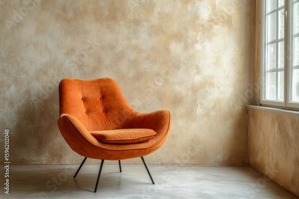 Fototapeta Orange fabric retro lounge chair placed near a window against a beige stucco wall with ample copy space. Rustic farmhouse vintage home interior design for a modern living room, Generative AI