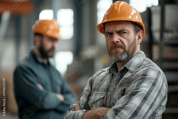 Fototapeta Supervisor scolding an employee in a modern industrial factory for a mistake, illustrating issues with quality control and safety violations, while maintaining workplace professionalism, Generative AI