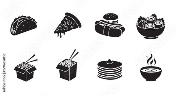 Fototapeta Black and white minimalist icons representing various common and popular food items
