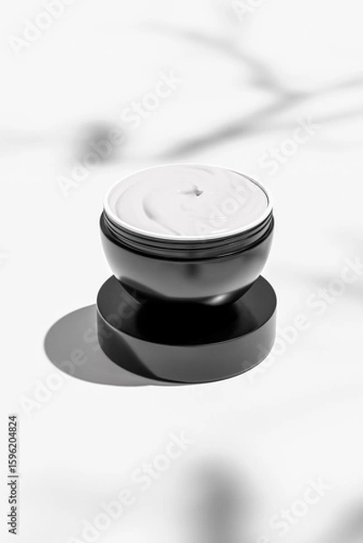 Fototapeta Black semi-circular cream jar mockup, luxury acrylic cosmetic jar packaging mockup, wide mouth facial mask Packaging, empty design glossy black Bowl Shape skincare container with plastic screw lid