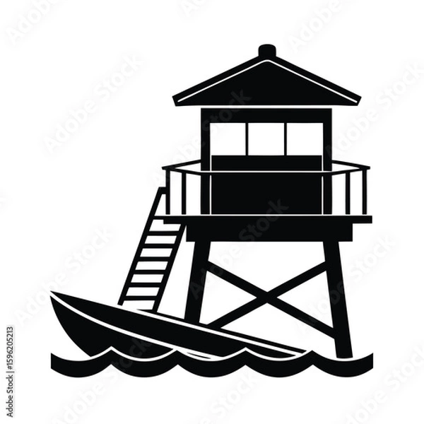 Fototapeta lifeguard tower and rescue boat vector silhouette