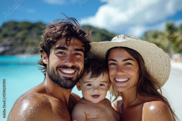 Fototapeta Happy family with their little son enjoying time at the sea in an exotic country, capturing the joy of family vacations and outdoor activities, Generative AI