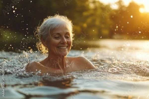 Fototapeta Portrait of an active senior woman swimmer standing and splashing in a lake,  fitness, wellness, and outdoor recreation in a natural setting, Generative AI