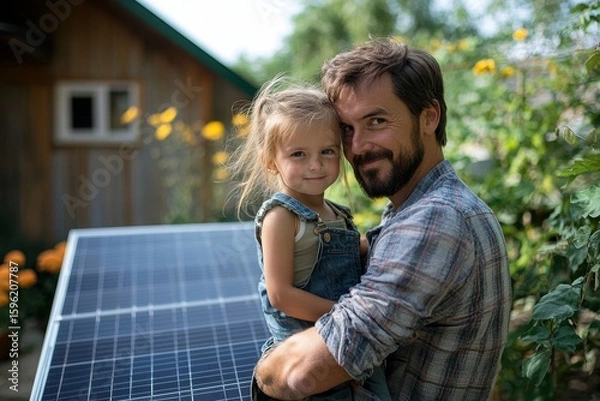 Fototapeta Father and his little daughter carrying a solar panel in their backyard, promoting alternative energy, resource conservation, and a sustainable lifestyle, Generative AI