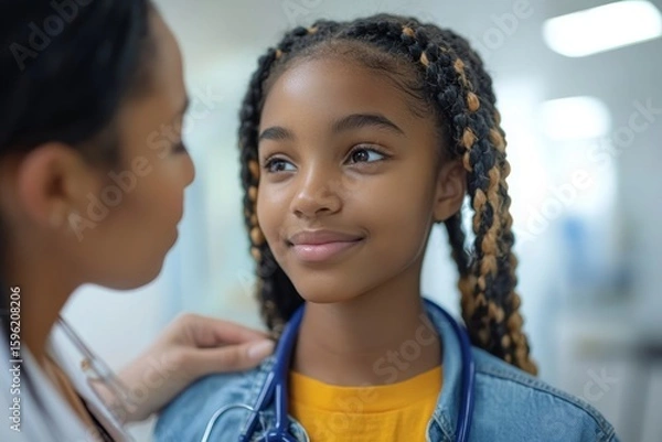 Fototapeta Doctor examining the lymph nodes on the neck of a teenage girl, performing a palpation as part of a preventive health care check-up for adolescents, Generative AI