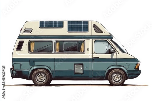 Fototapeta Illustration of a camper van with solar panels on the roof, showcasing eco-friendly travel and energy solutions created with advanced technology, Generative AI