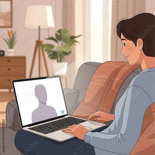 Obraz Person on Video Call consulting with physician at Home with Laptop