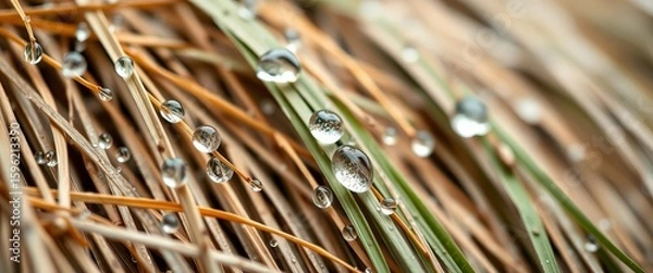 Fototapeta Close-up of water droplets clinging to vetiver thatch roof, texture, element