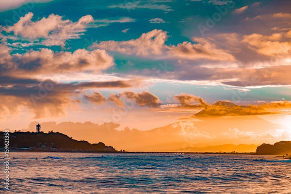 Obraz 稲村ケ崎から富士山の夕日　2