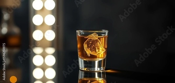 Fototapeta Golden tequila in shot glass, reflections on black surface, illumination, surface