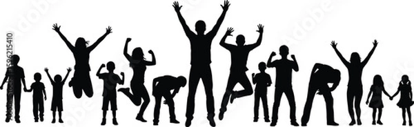 Fototapeta Diverse people jumping silhouette, joyful celebration, children and adults group, unity and happiness pose, black and white artwork, fun moment
