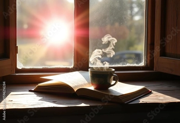 Fototapeta Sunlight streams through windowpane onto open book and steaming mug of tea on rustic wooden sill, cozy, wood
