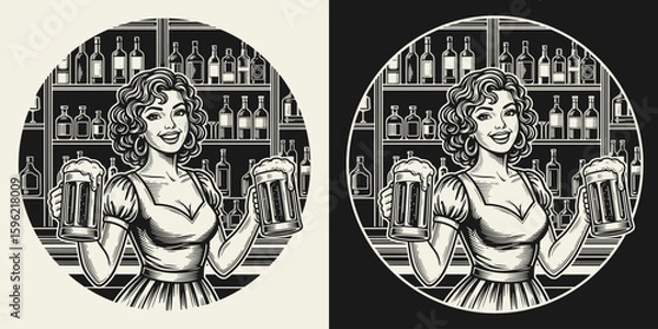 Fototapeta Black and white flat vector illustration of a smiling girl in a dirndl with deep neckline holding two beer mugs. Oktoberfest or International Beer Day themed design.