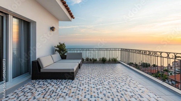 Obraz Sunset View from Terrace with Patterned Tile and Wicker Sofa, balcony, ocean view