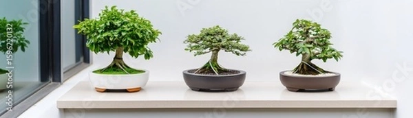Obraz Three Potted Bonsai Trees on Shelf, White Background, Zen , Miniature tree