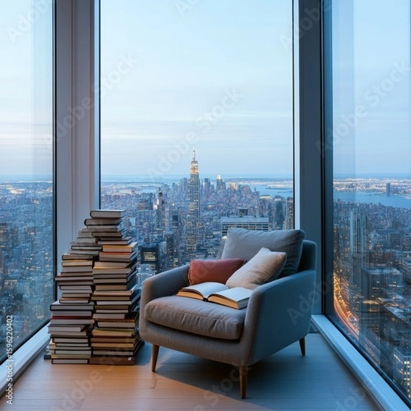 Obraz Urban Reading Nook Armchair, Books and City Skyline View at Twilight, cozy , reading