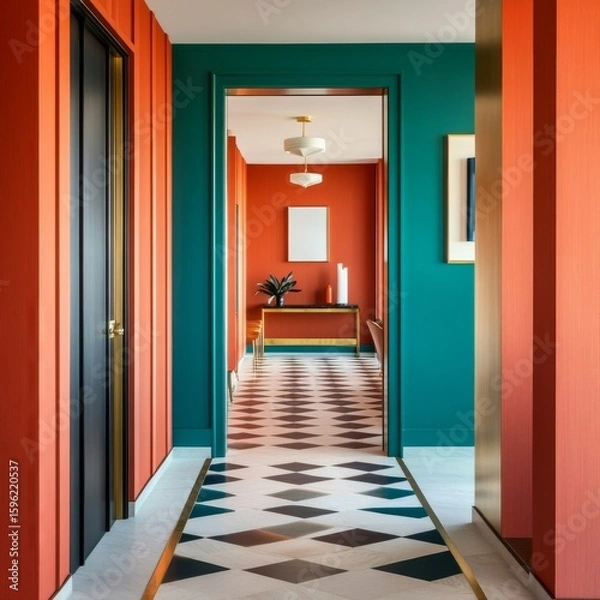 Obraz Vibrant Hallway Orange Walls, Emerald Door Frame, Checkerboard Floor, interior , design
