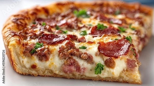 Fototapeta Delicious slice of cheesy pepperoni pizza isolated on white background