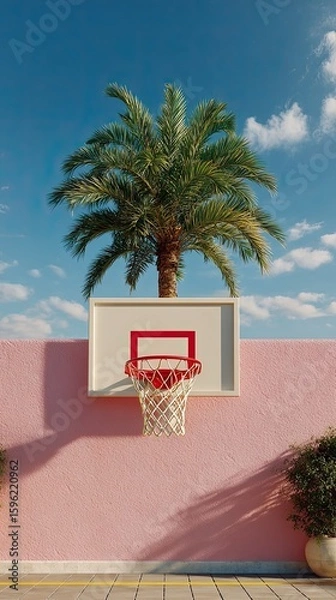Fototapeta Basketball hoop mounted on beige wall with palm tree and houses in background