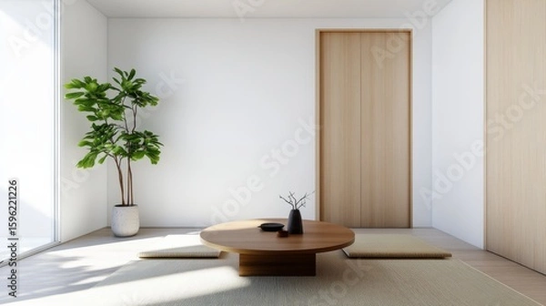 Obraz Zen Interior Round Table, Plant and Neutral Tones for a Tranquil Space, minimal , interior design