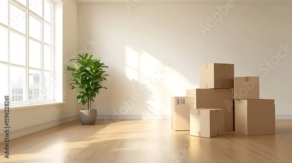 Fototapeta Moving boxes in bright empty room home apartment relocation cardboard storage container plant interior design