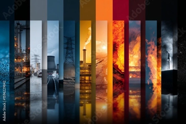 Fototapeta Collage of energy sources and security tech showcasing innovations. Future security. Advanced security technologies for critical infrastructure resilience. Digital shield. Operational safety.