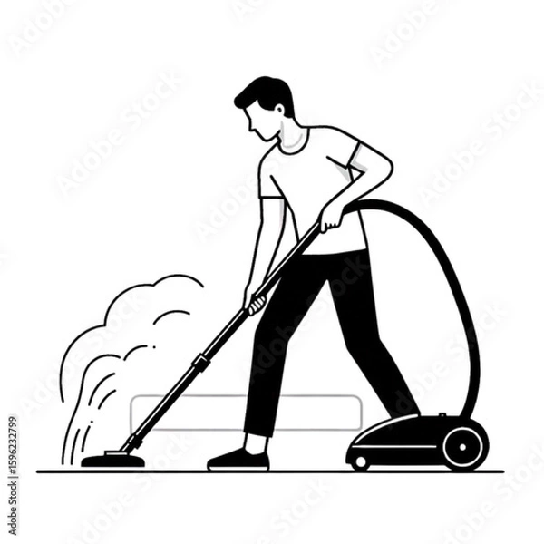 Fototapeta Minimalistic illustration of a young man vacuuming the floor with a vacuum cleaner in a tidy room