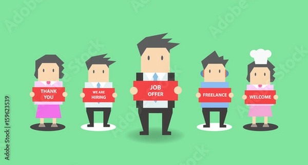 Fototapeta Business Man and Business Woman hold a thank you, hiring, job offer, freelance, welcome post signs.  Set of cute cartoon businessman in various poses for use in sales, web, slide, presentations, etc.