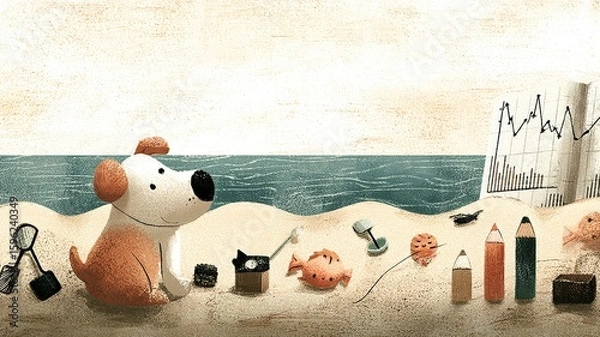 Fototapeta Pet Business Cute plush mouse with ocean background surrounded by toys and art supplies on table a festive pet in a meeting