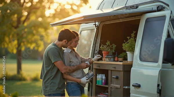 Obraz A scene showing a young couple installing solar panels on a van, near a solar-powered food truck, beneath hanging air-purifying plants, with bokeh background effect.