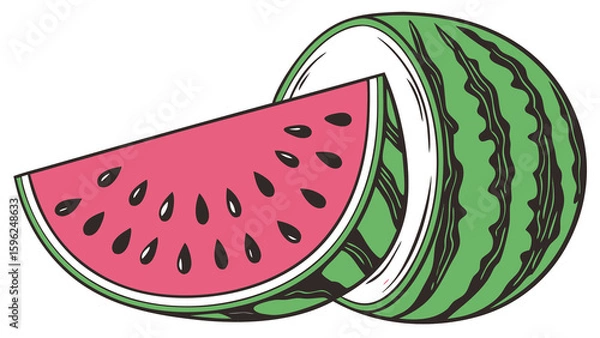 Obraz Pop-art watermelon slice with bold pink interior, black seeds, and crisp green rind, isolated on white.

