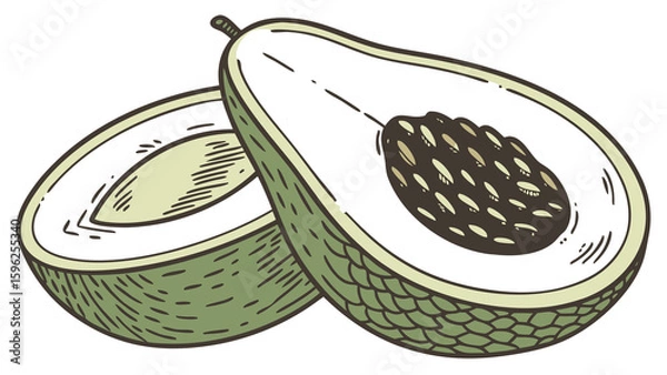Obraz Hand-drawn avocado half in full color with textured pit and smooth green gradient, blank background.

