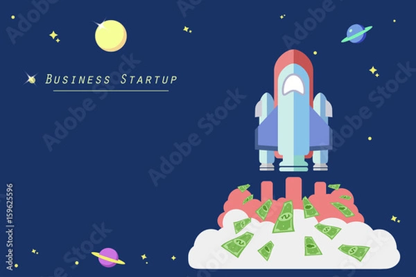 Fototapeta Business rocket flying with money booster. business startup concept. Launch Project start up business by money fuel.  Business Rocket with space for text. flat vector illustration EPS10.