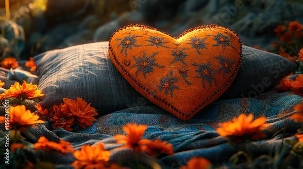 Fototapeta Heart-shaped cushion, surrounded by flowers, soft lighting
