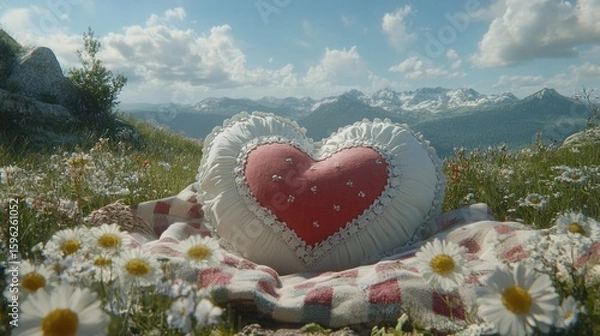 Fototapeta Heart-shaped pillow amidst alpine wildflowers