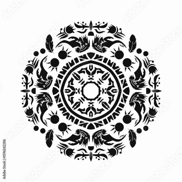 Fototapeta Simple tribal-inspired mandala in black solid shapes minimalistic layout on white background