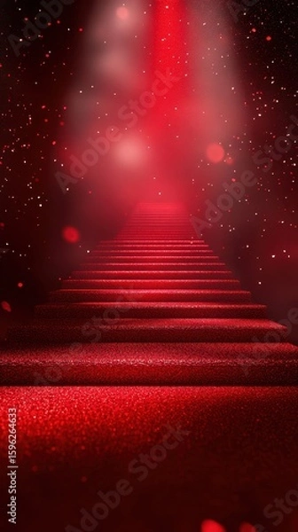Fototapeta Bright red staircase leading to an illuminated space with sparkling accents and a mysterious atmosphere