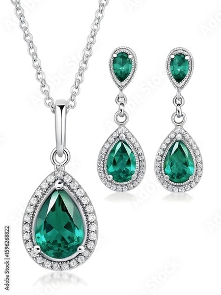 Fototapeta Elegant jewelry set featuring a silver chain necklace and matching emerald teardrop earrings
