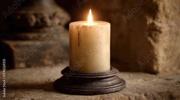 Fototapeta A single cream-colored votive candle with flickering flame, mounted on aged bronze base, stone background, medieval chapel style, wax drips visible, warm glow