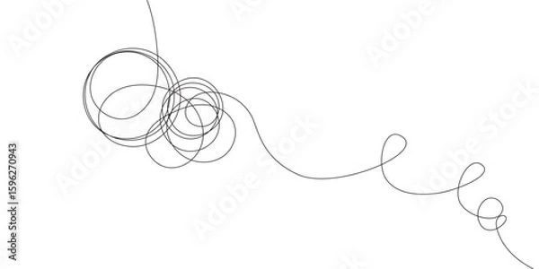 Fototapeta A continuous black line intertwines into spiraling loops and loose circles, creating a minimalist design against a stark white background with a sense of flowing movement
