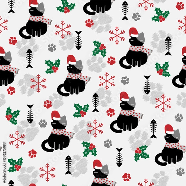 Fototapeta Seamless Christmas pattern featuring colorful cats with festive elements like snowflakes, holly, candy canes, gifts, and Santa hats. Ideal for holiday wrapping paper, fabric prints, greeting cards