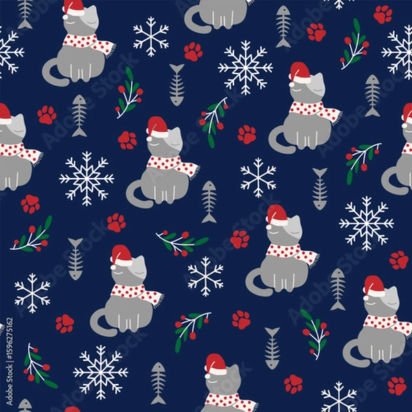 Fototapeta Seamless Christmas pattern featuring colorful cats with festive elements like snowflakes, holly, candy canes, gifts, and Santa hats. Ideal for holiday wrapping paper, fabric prints, greeting cards